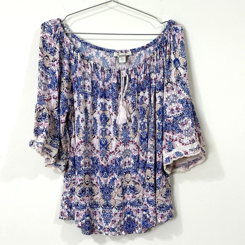 VINTAGE AMERICA BLUES LG Off Shoulder Floral Knit Boho Blouse Bell Sleeves